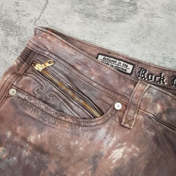 ROCK REVIVAL Daviday Moto Acid Wash Tie Dye Denim Jeans Mens Size 42x32 Brown - Picture 7 of 9